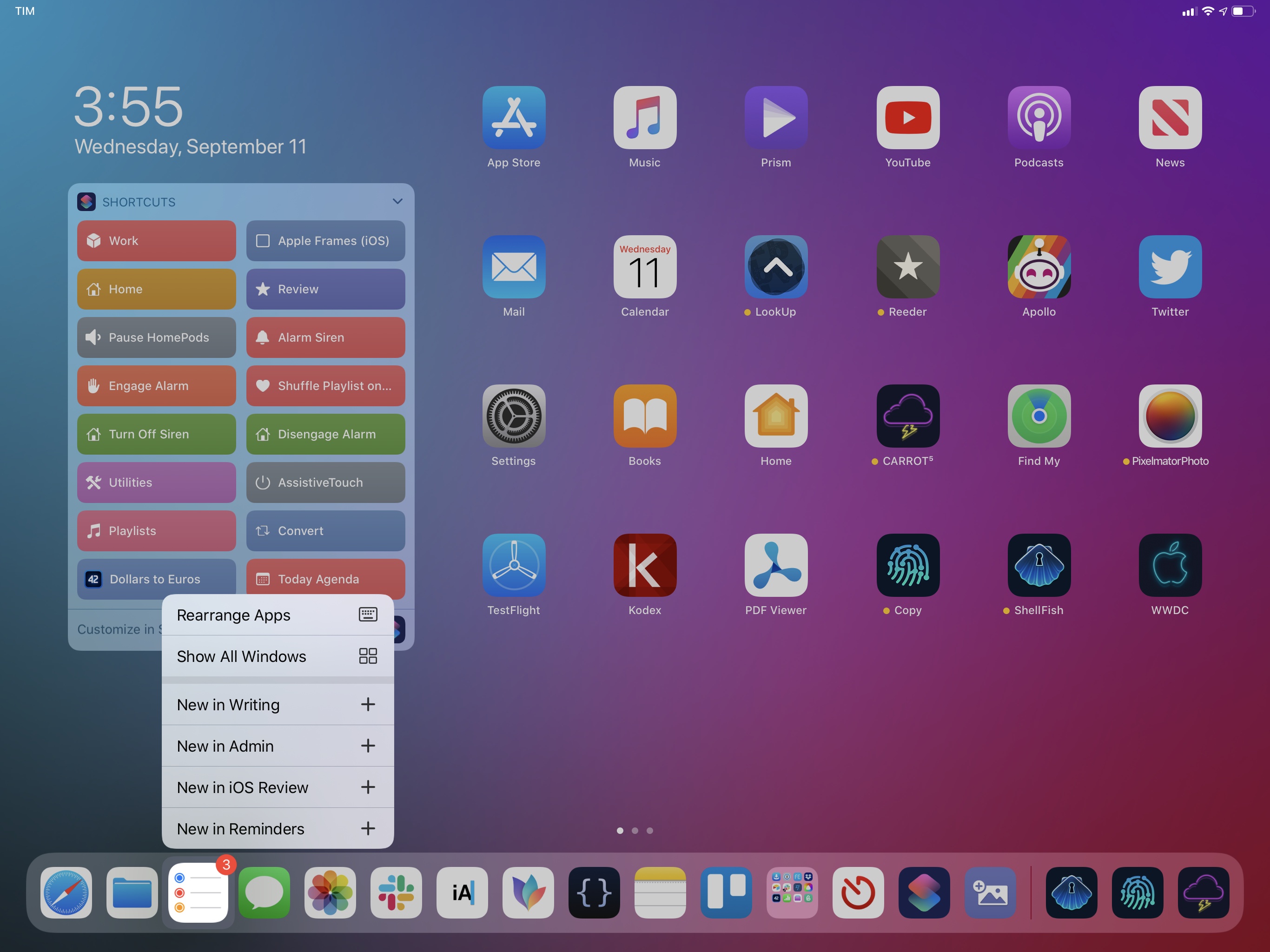 One of my most used quick action menus is the Reminders one. I use it to view Reminders windows and open specific lists. (The wallpaper is exclusive to Club MacStories members.)
