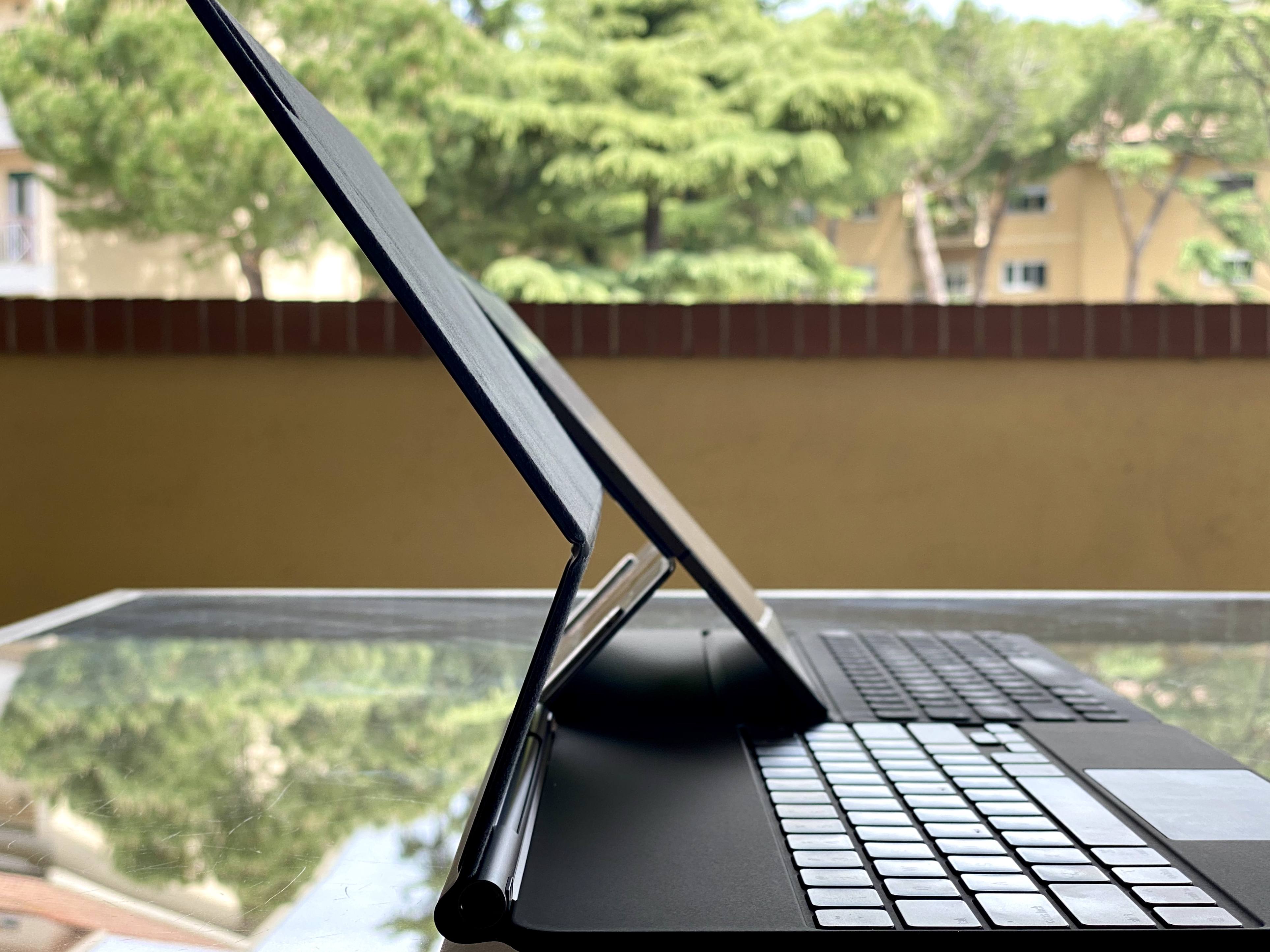 The Magic Keyboard's most open angle is roughly comparable to the Smart Keyboard Folio's (pictured in the back), but the iPad floats higher.