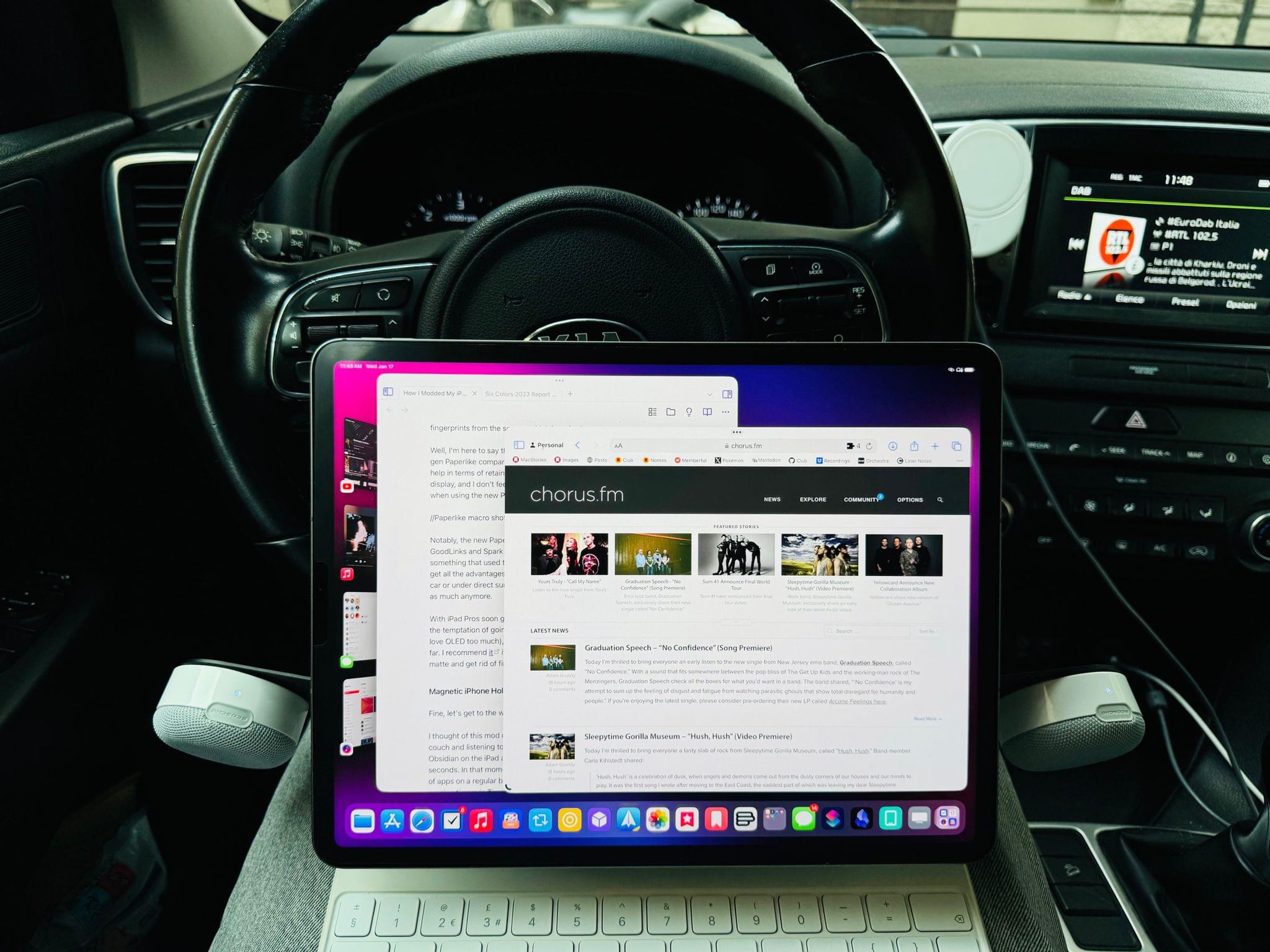 Working from my car with the iPad Pro while listening to music via the magnetically-mounted BoomCan MS.