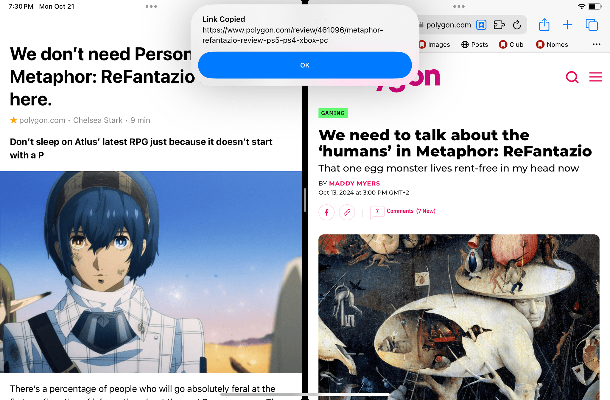 With a squeeze of the Pencil Pro, I can instantly copy the URL of what I'm reading in GoodLinks (left).