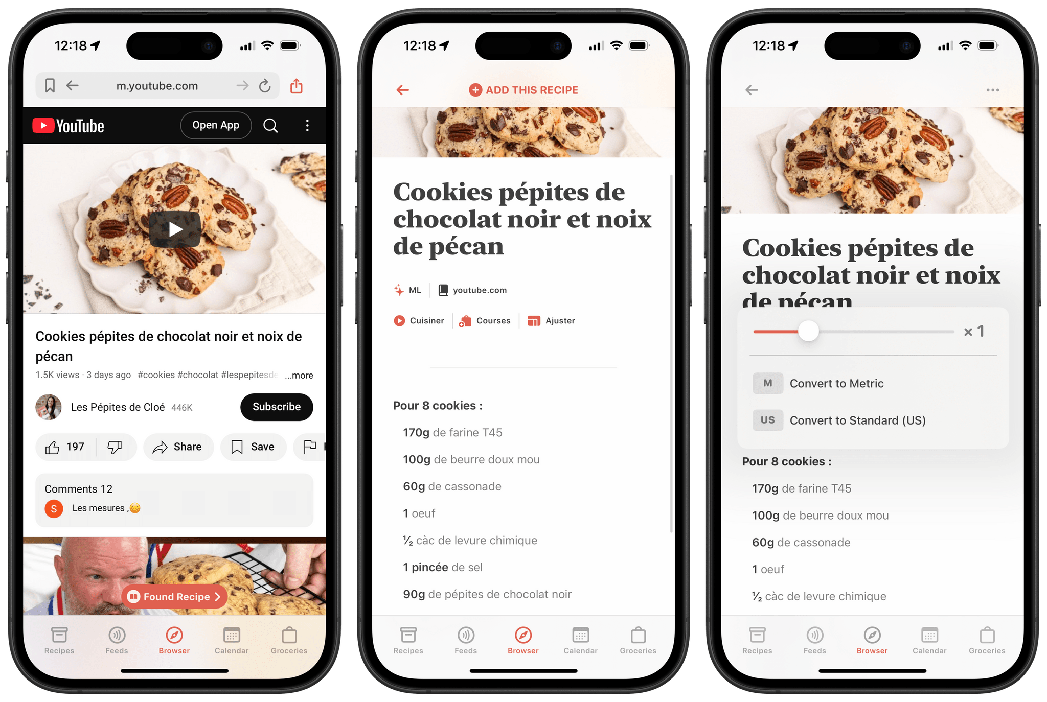 I successfully imported a cookie recipe from a French YouTube channel. Just like with other imports, Mela lets you easily adjust the number of portions and changes the ingredient quantities accordingly.