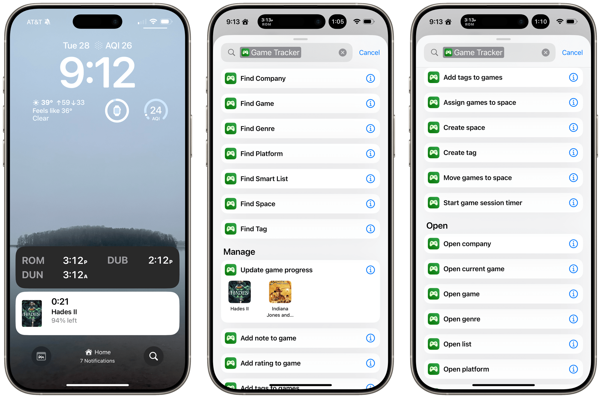 Tracking playtime from my Home Screen (left) and some of Game Tracker's many Shortcuts actions (middle and right).